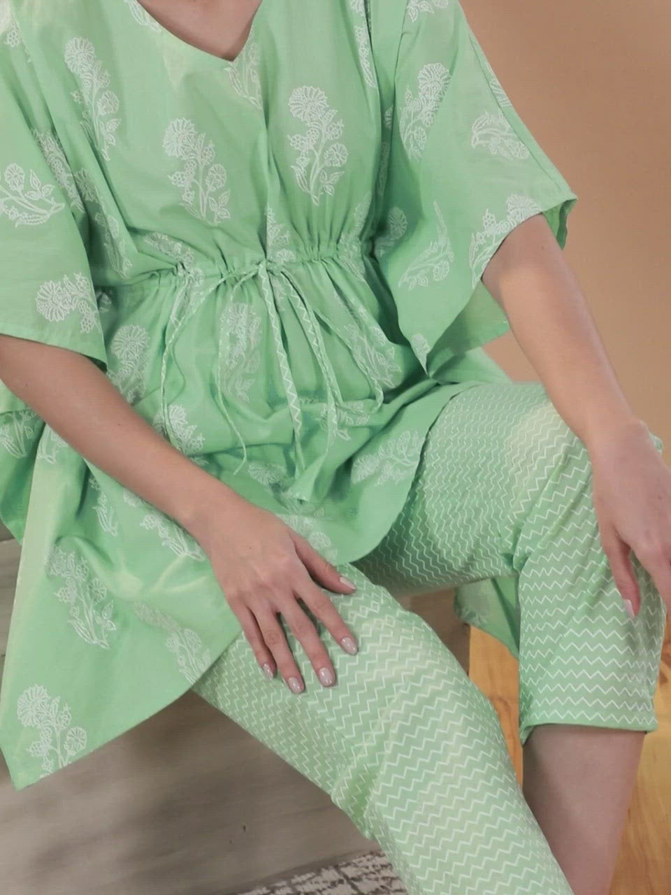  Green Printed Cotton Kaftan Kurta With Trousers 