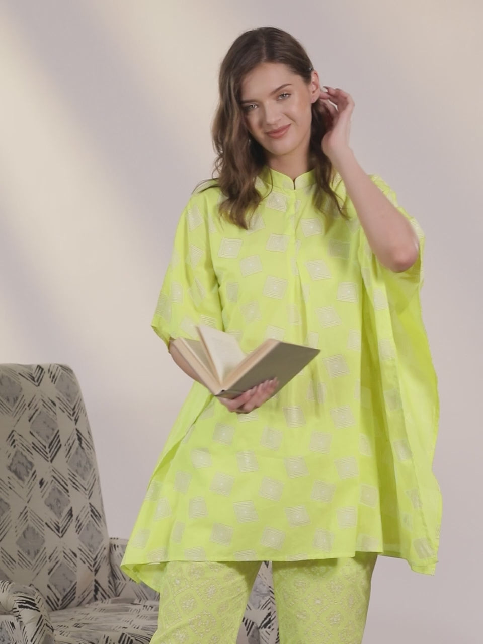 Lime Green Printed Cotton Night Suit