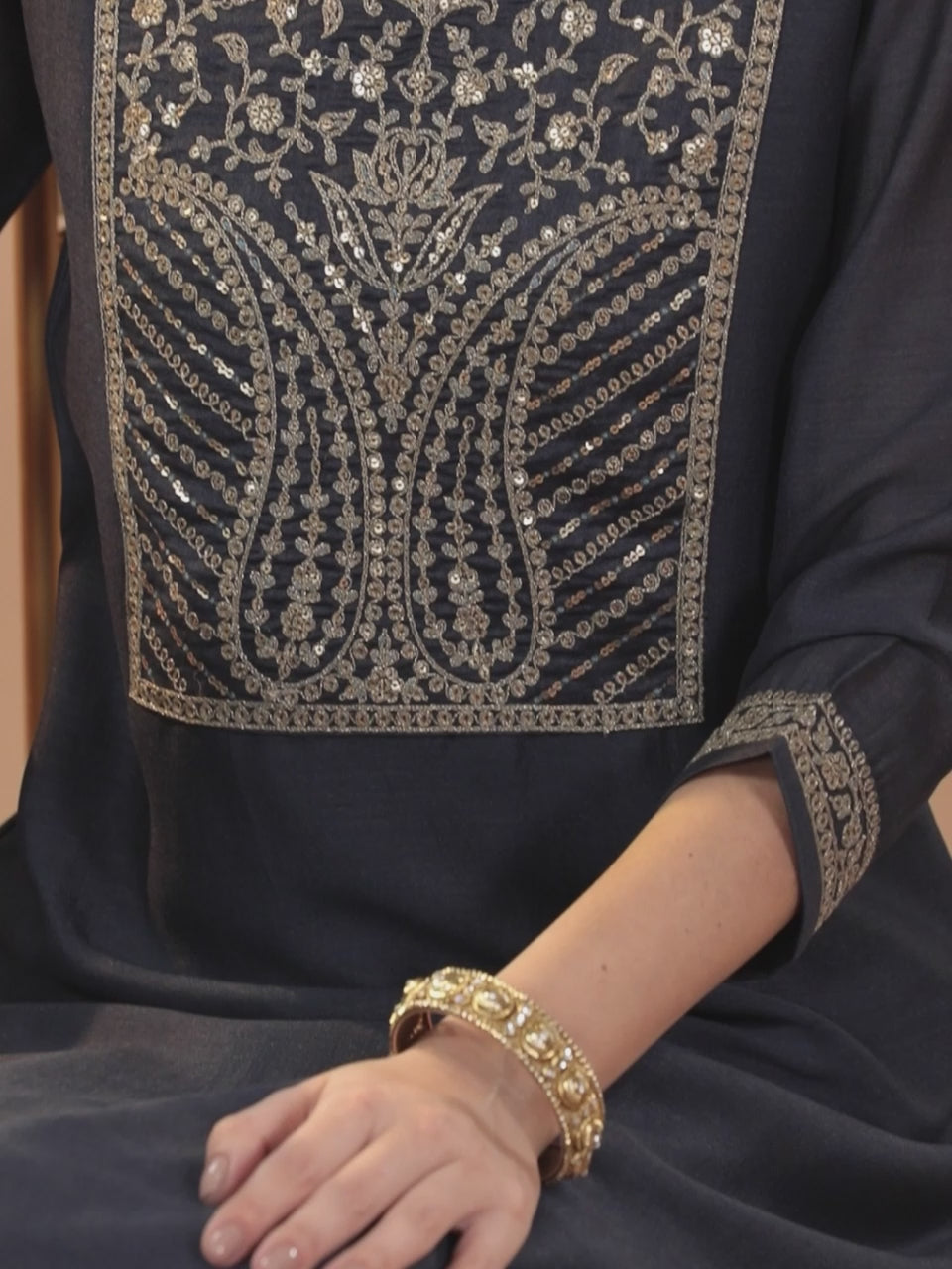  Navy Blue Yoke Design Silk Kurta 