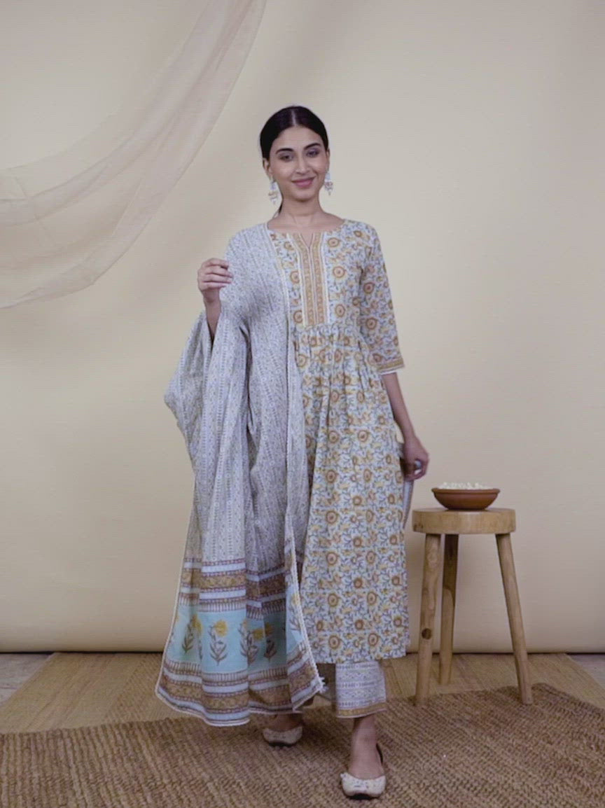  Green Printed Cotton Anarkali Kurta With Palazzos & Dupatta 