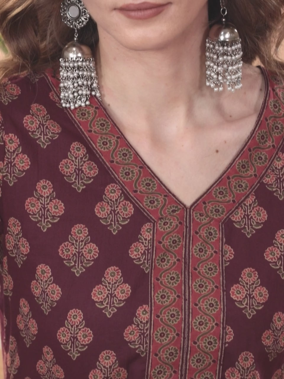  Burgundy Printed Cotton Straight Kurta With Dupatta 