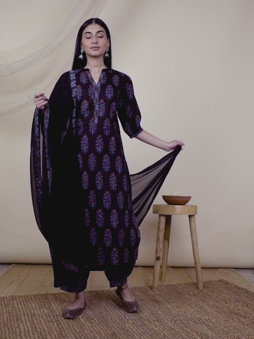 Black Printed Cotton Straight Kurta With Salwar & Dupatta