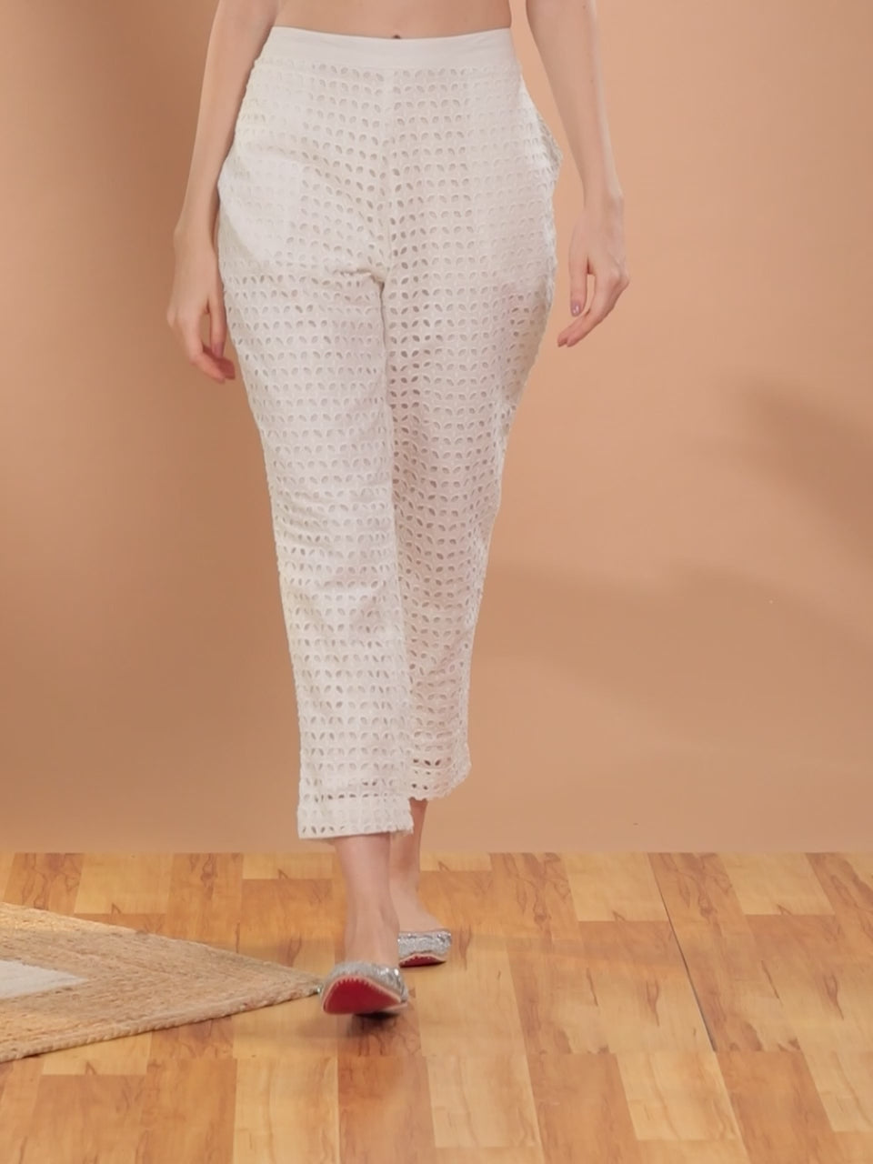  White Self Design Cotton Trousers 