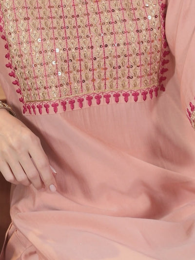 Peach Yoke Design Silk Blend Straight Kurta With Dupatta