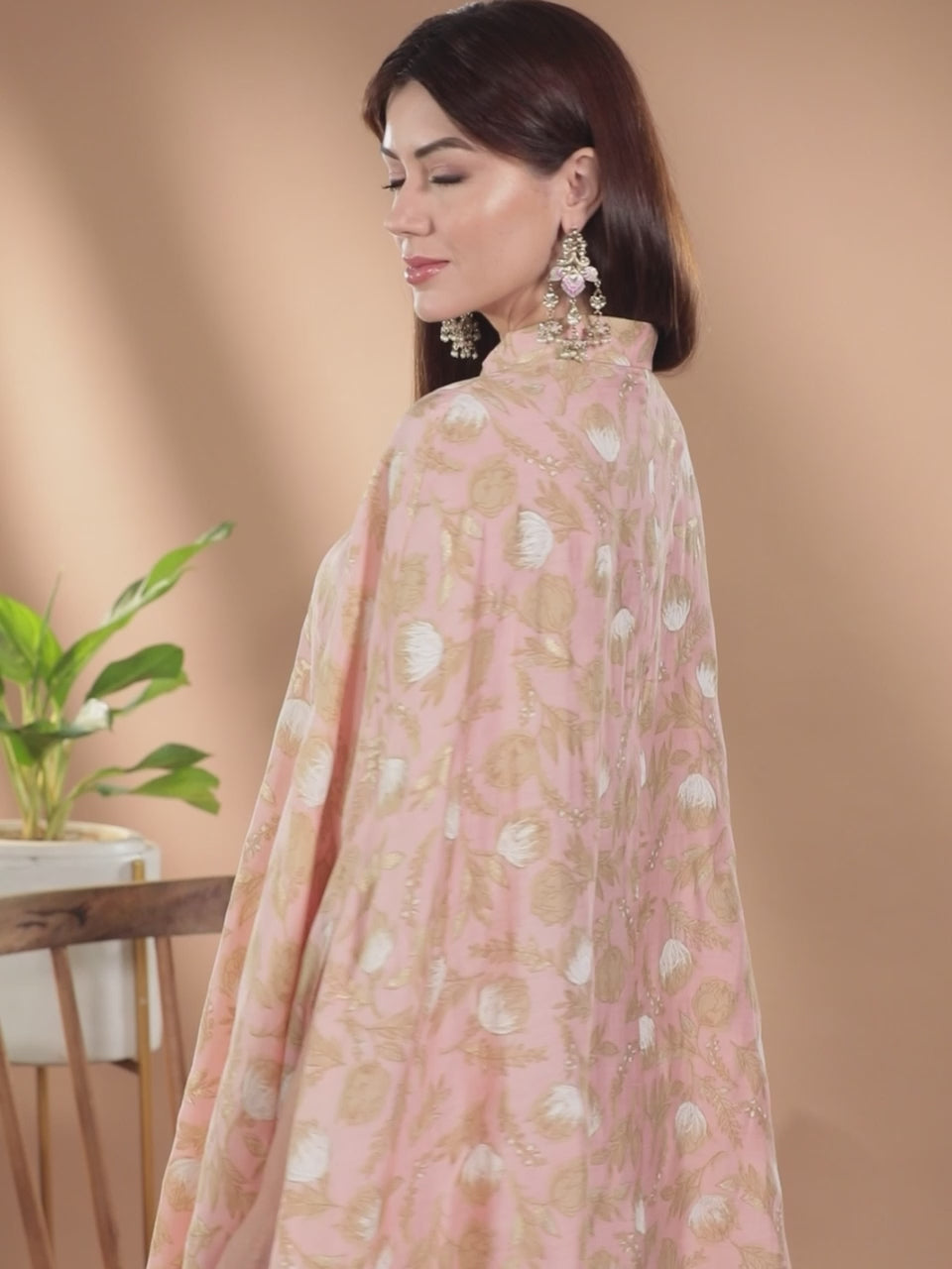  Pink Printed Silk Blend Kaftan Kaftan With Trousers 
