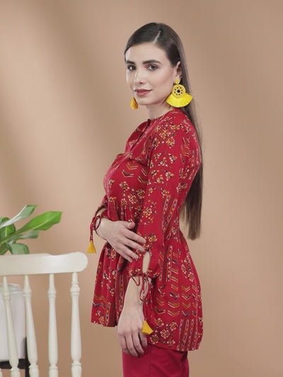 Red Printed Viscose Rayon Kurti