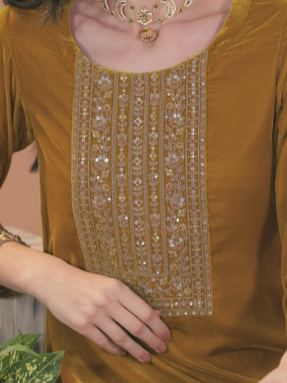 Mustard Yoke Design Velvet Straight Kurta With Dhoti Pant & Dupatta 
