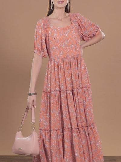 Peach Printed Georgette Dress