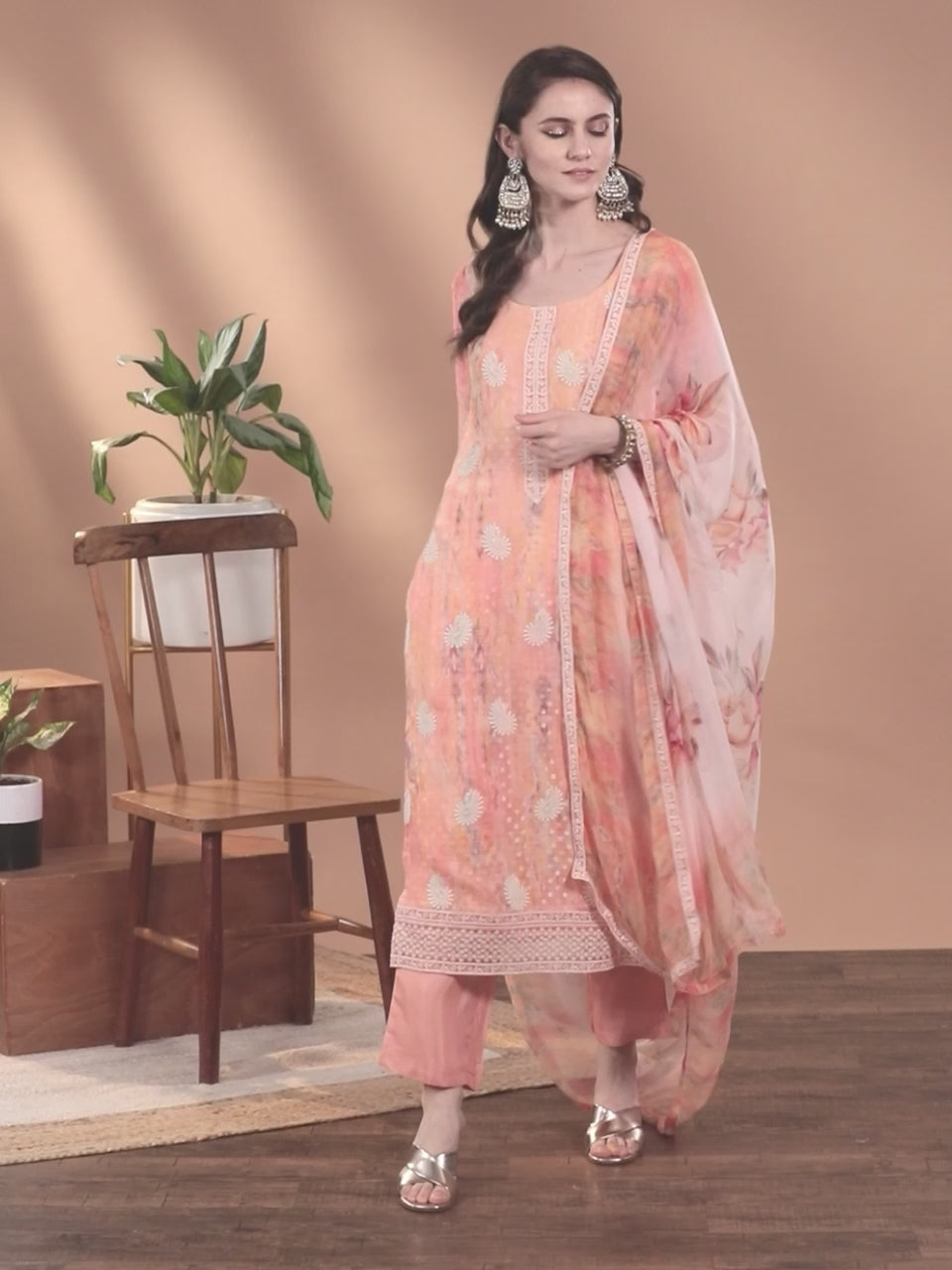  Peach Embroidered Georgette Straight Kurta With Trousers & Dupatta 