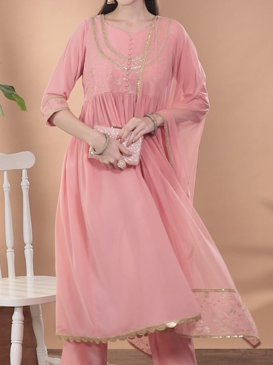  Pink Yoke Design Georgette Anarkali Kurta With Dupatta 