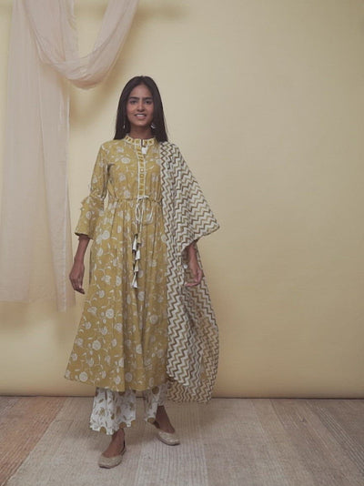 Mustard Printed Cotton Anarkali Kurta With Palazzos & Dupatta