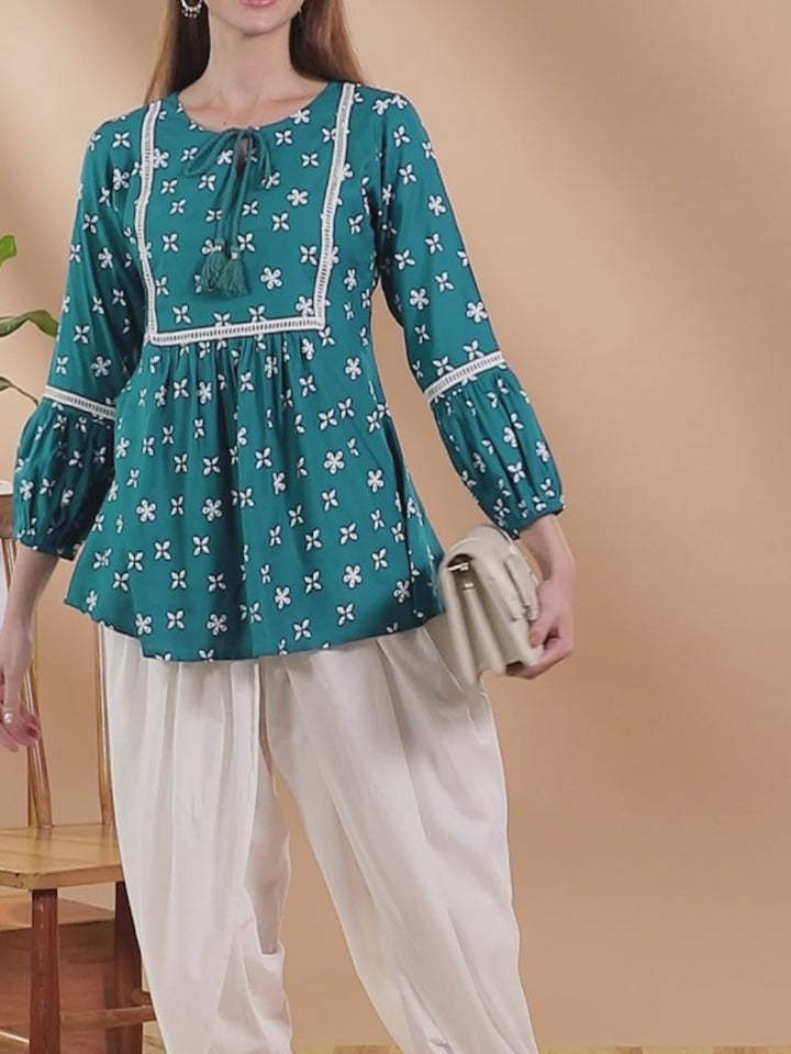 Teal Printed Rayon Kurti