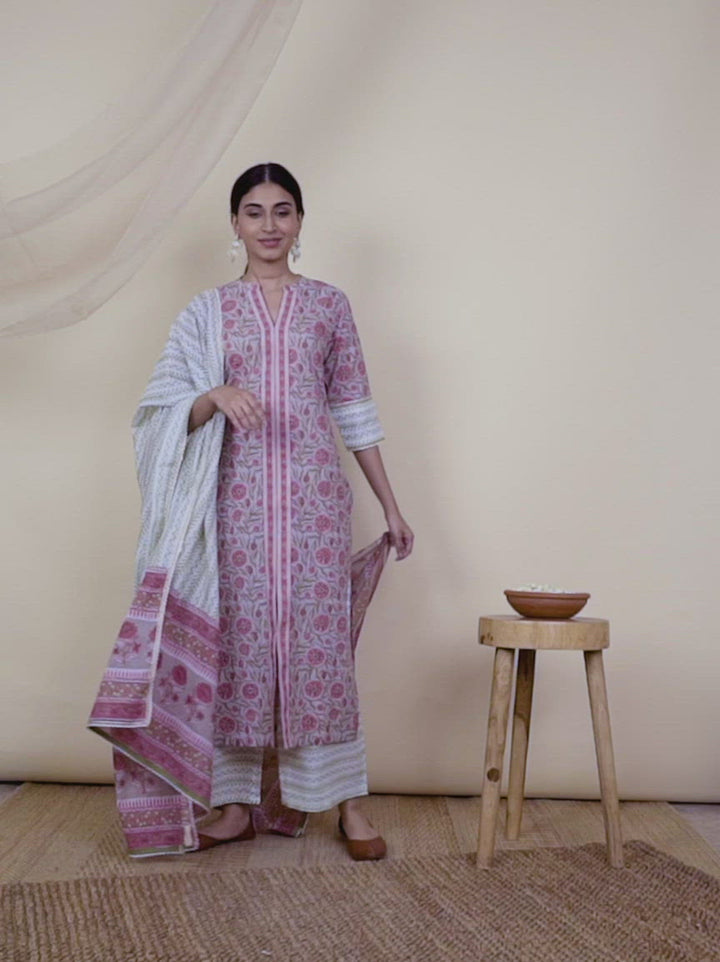 Pink Printed Cotton Straight Kurta With Palazzos & Dupatta