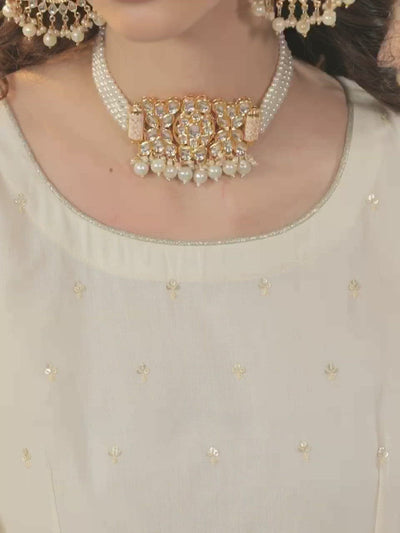 Off-White Embroidered Cotton Anarkali Kurta With Dupatta