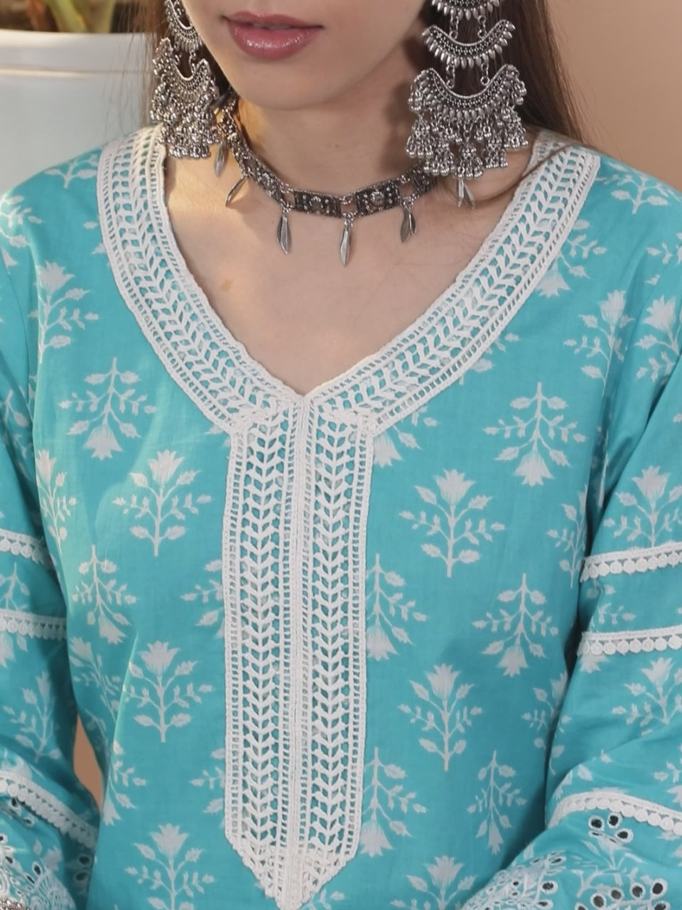  Blue Printed Cotton Straight Kurta With Palazzos & Dupatta 
