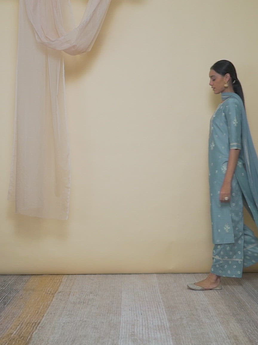  Grey Printed Silk Straight Kurta With Palazzos & Dupatta 