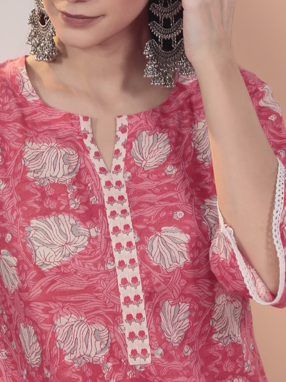 Pink Printed Cotton Straight Kurta