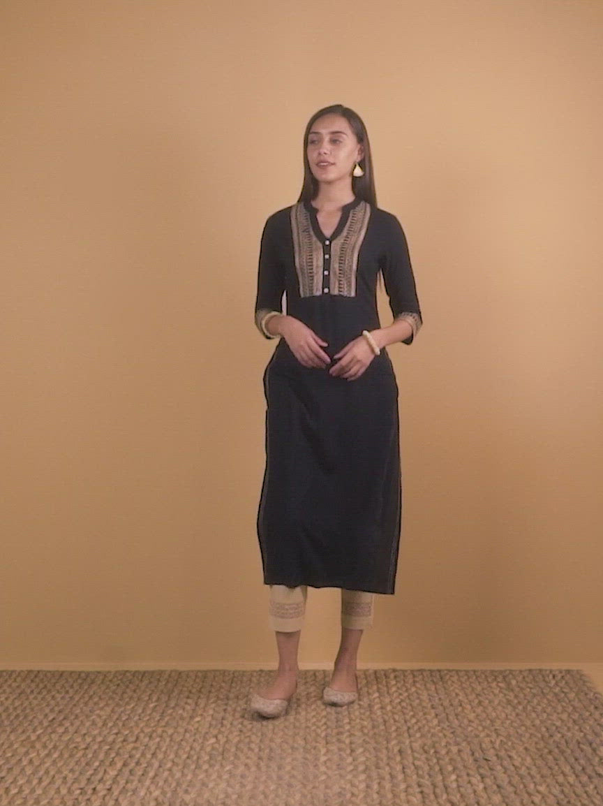  Black Embroidered Rayon Kurta 