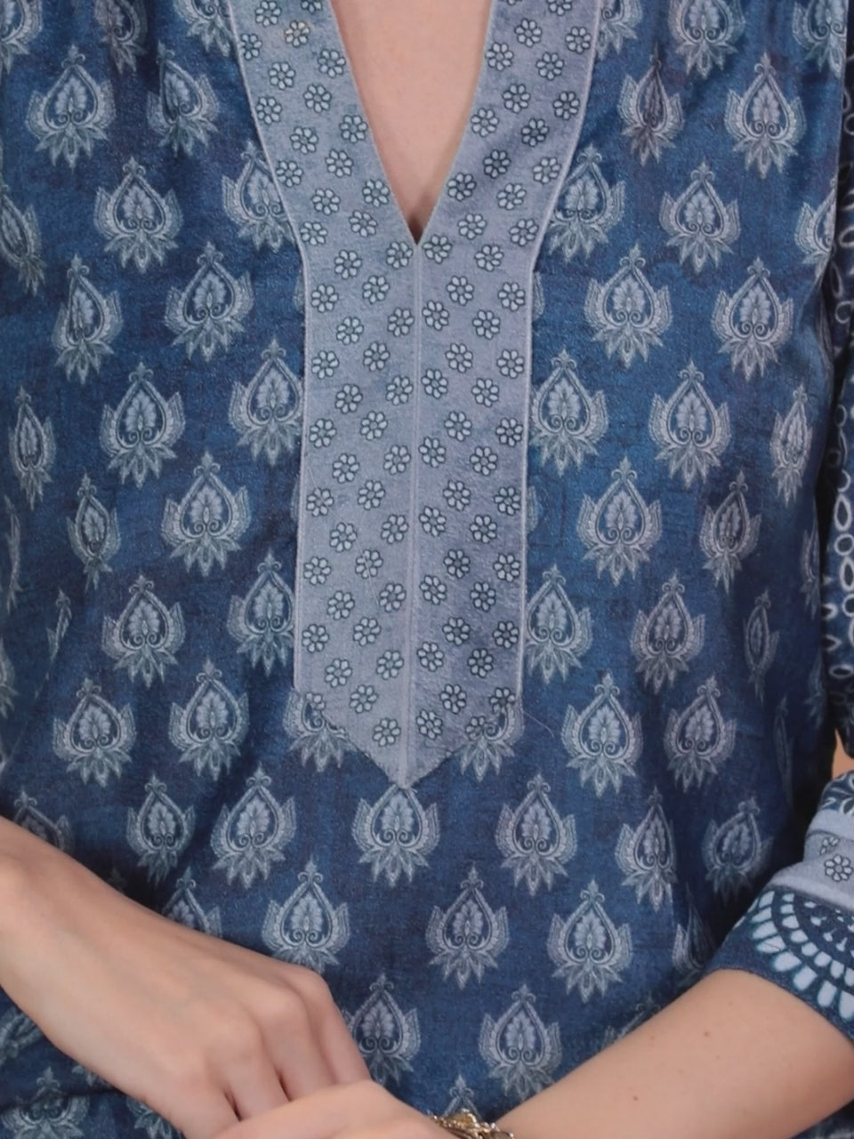 Blue Printed Velvet Straight Kurta With Palazzos & Dupatta