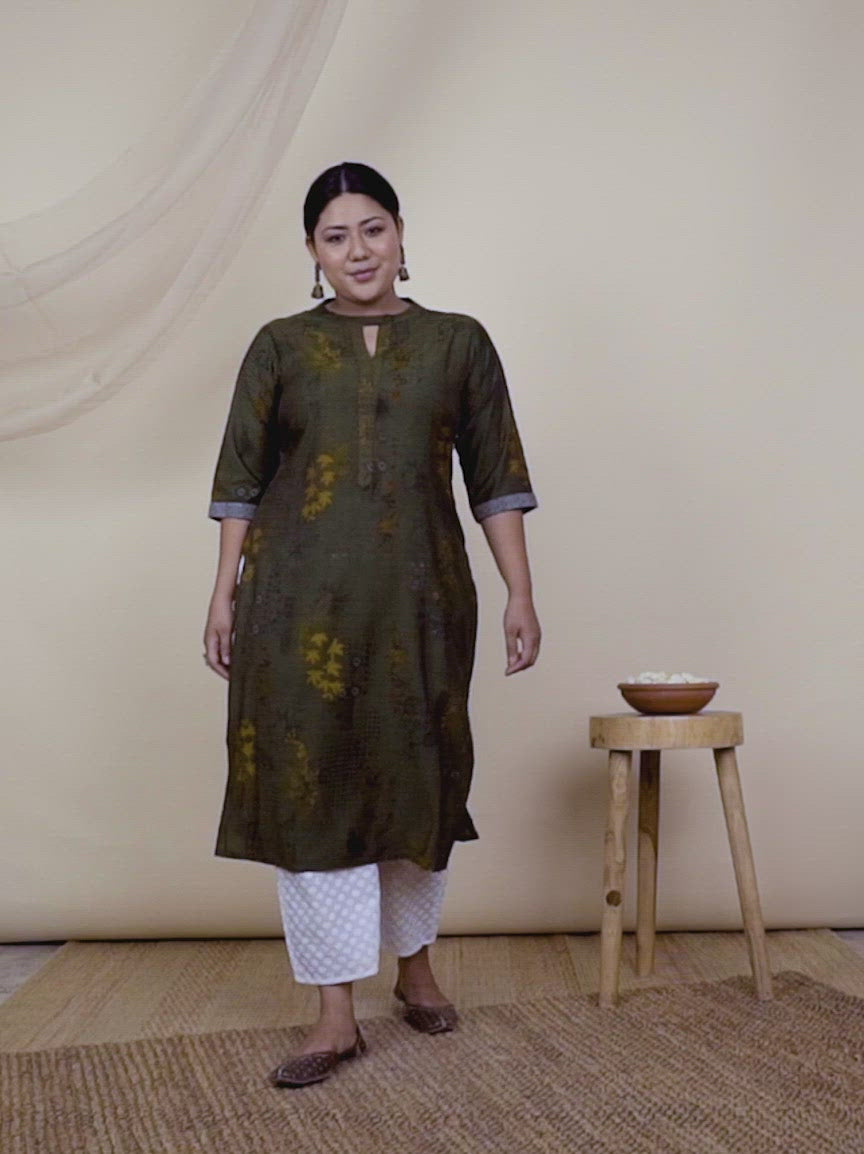 Plus Size Green Printed Rayon Kurta