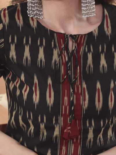 Black Printed Cotton Straight Kurta With Dupatta