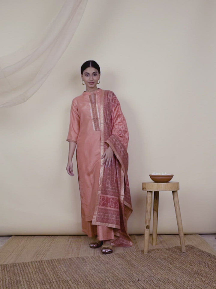 Pink Solid Silk Straight Kurta With Palazzos & Dupatta