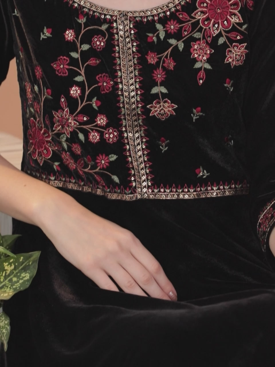 Black Yoke Design Velvet Anarkali Kurta With Churidar & Dupatta 