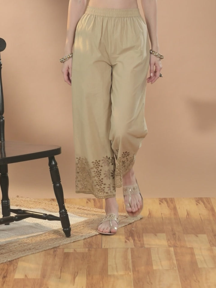 Beige Solid Cotton Palazzos