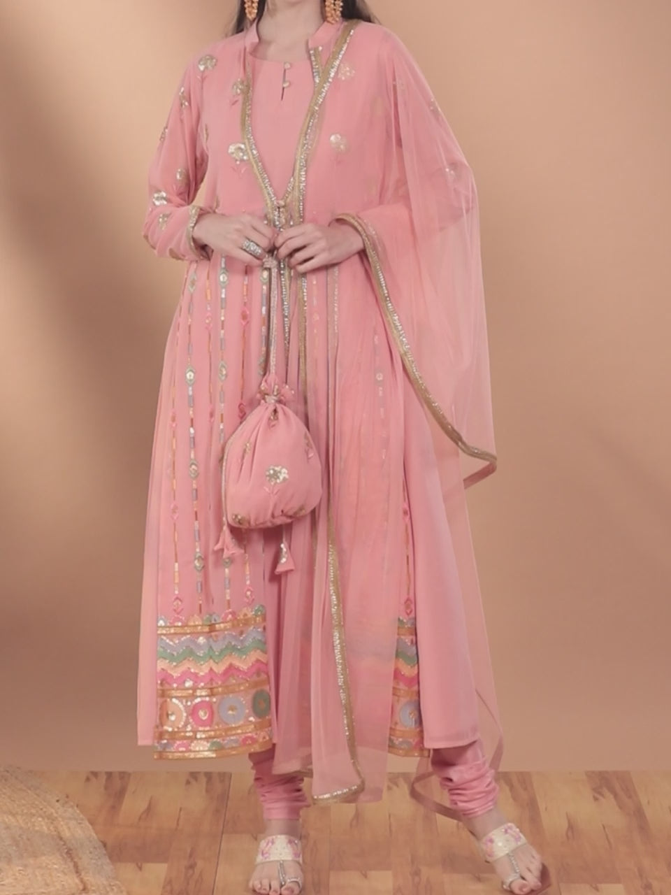 Peach Embroidered Georgette A-Line Kurta With Churidar & Dupatta 