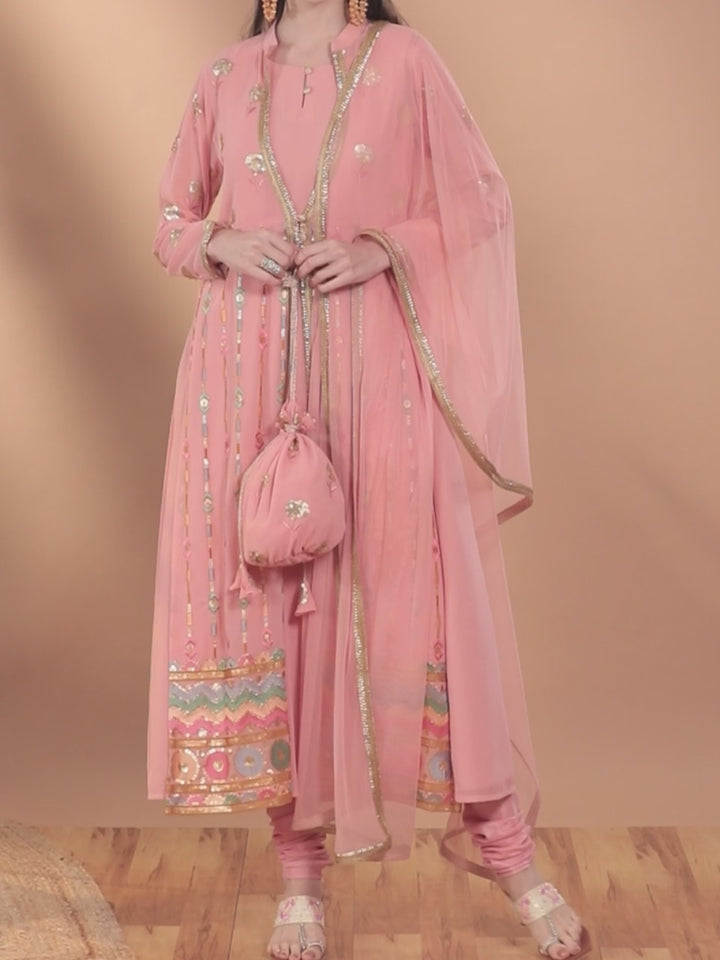 Peach Embroidered Georgette A-Line Kurta With Churidar & Dupatta