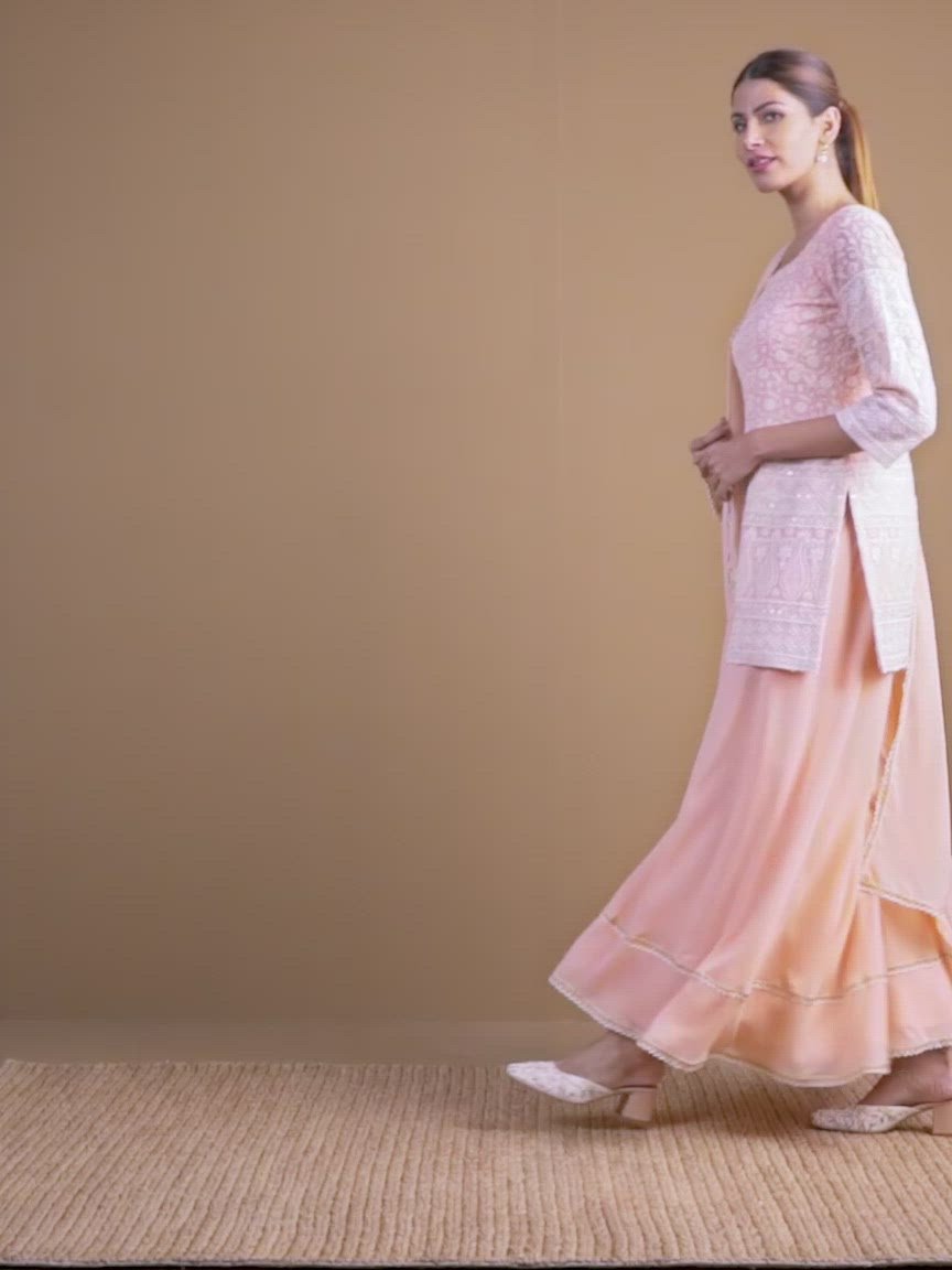  Pink Embroidered Georgette Straight Kurta With Palazzos & Dupatta 