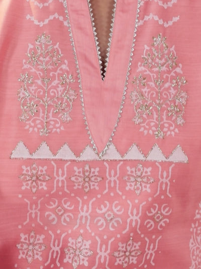 Pink Printed Chanderi Silk Straight Kurta With Dupatta