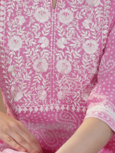 Pink Printed Cotton Straight Kurta With Dupatta