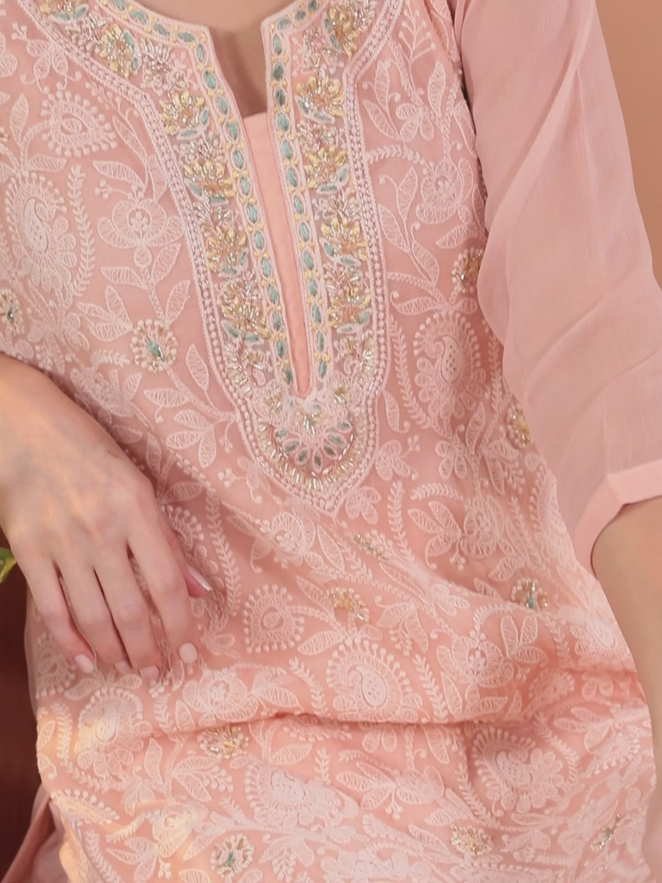  Peach Embroidered Georgette Straight Kurta With Trousers & Dupatta 