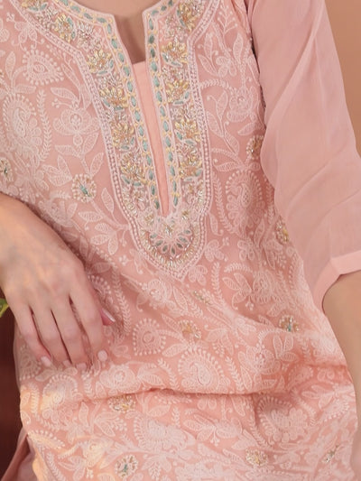 Peach Embroidered Georgette Straight Kurta With Trousers & Dupatta