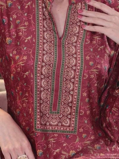 Red Printed Velvet Straight Kurta With Dupatta
