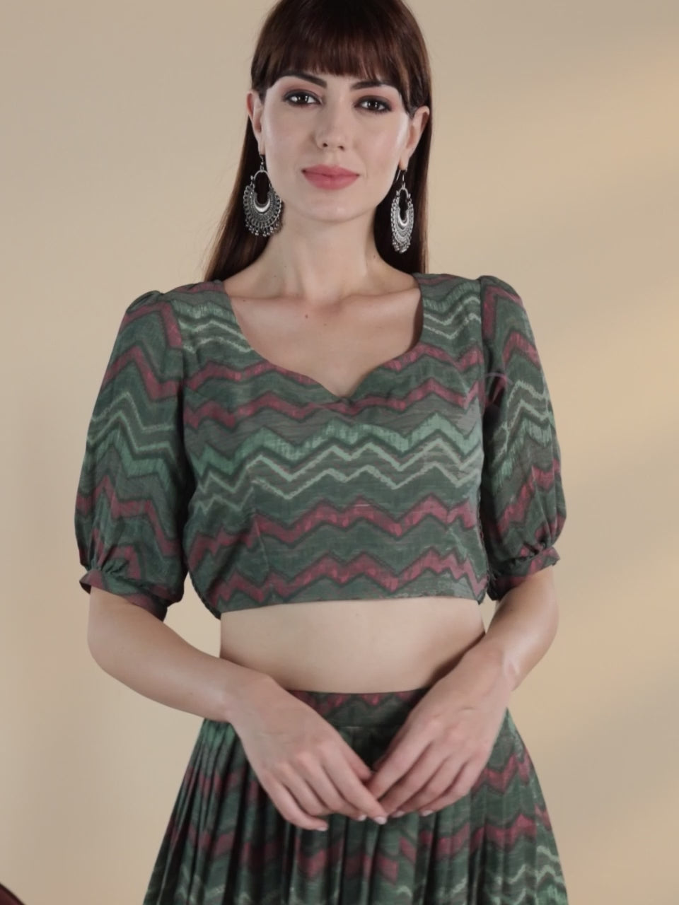  Green Printed Georgette Top With Skirt 
