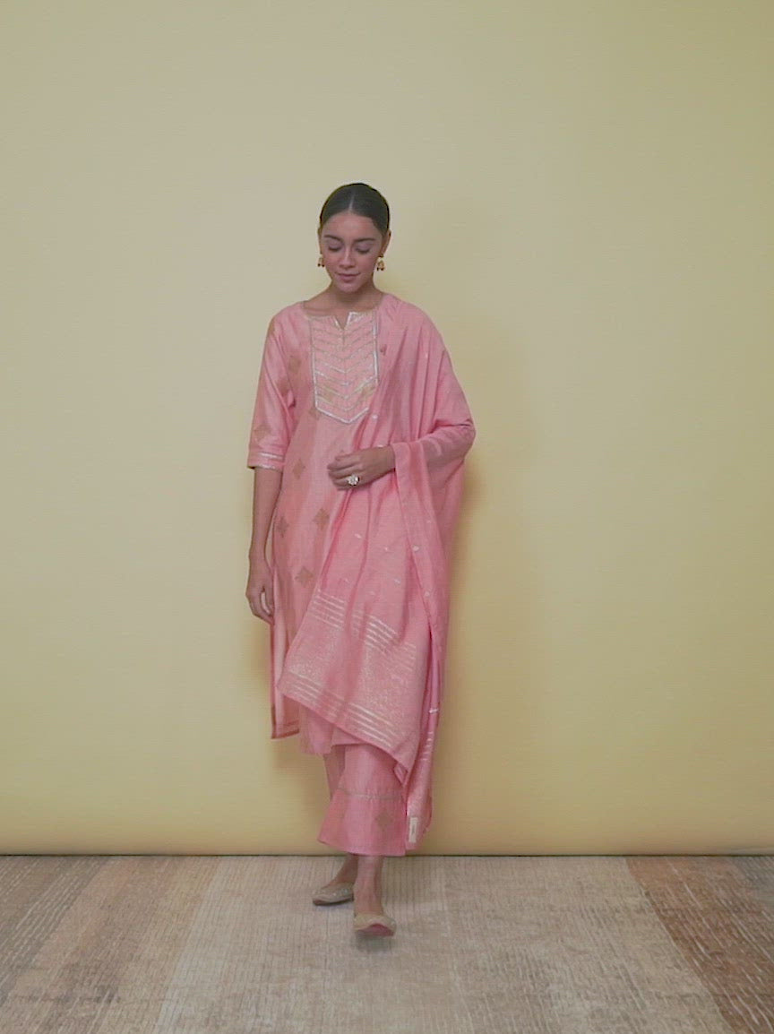  Pink Self Design Silk Straight Kurta With Palazzos & Dupatta 
