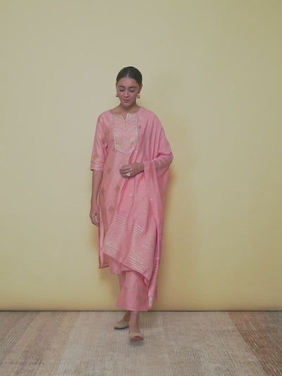 Pink Self Design Silk Straight Kurta With Palazzos & Dupatta
