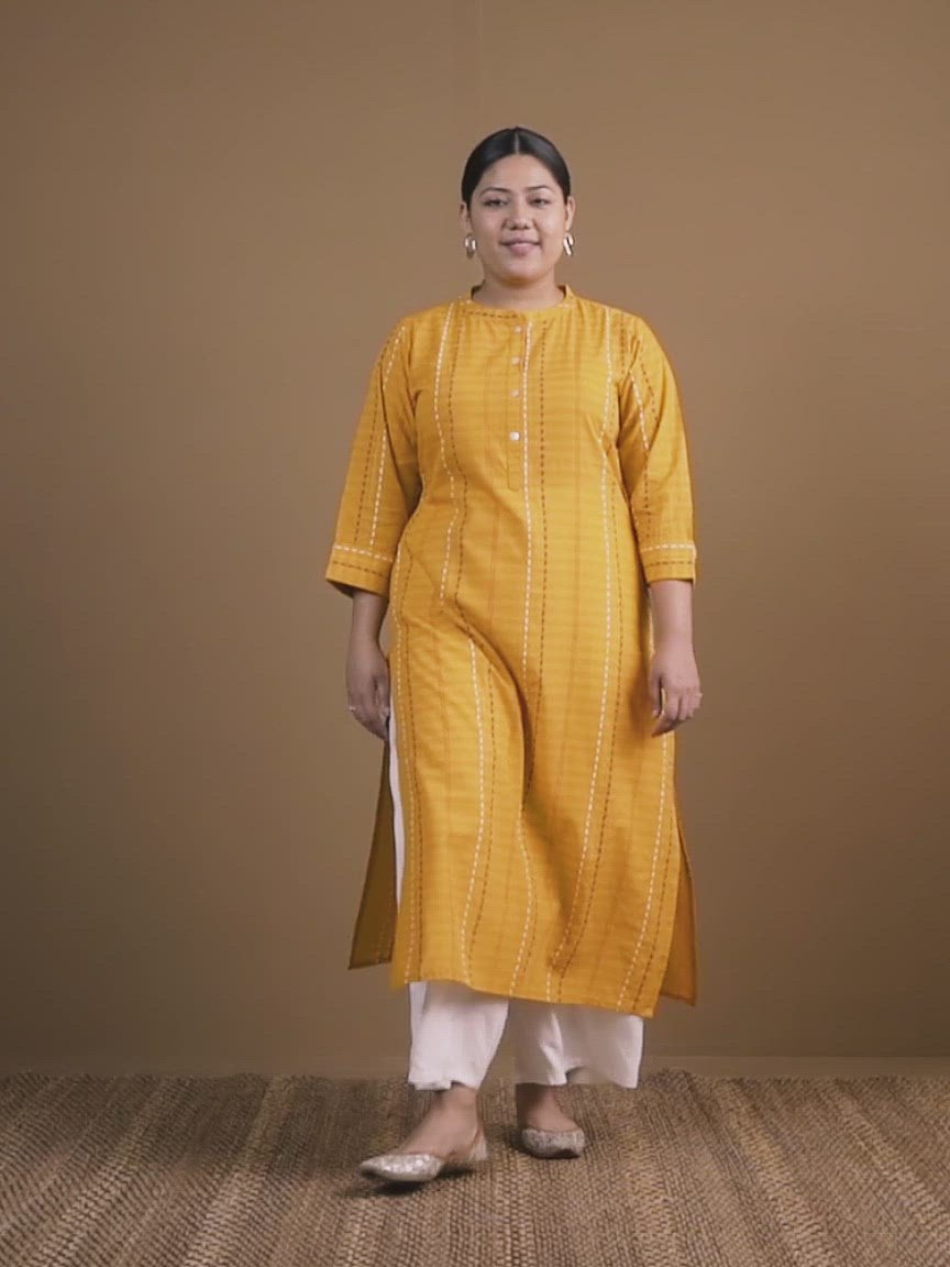  Plus Size Yellow Striped Cotton Kurta 
