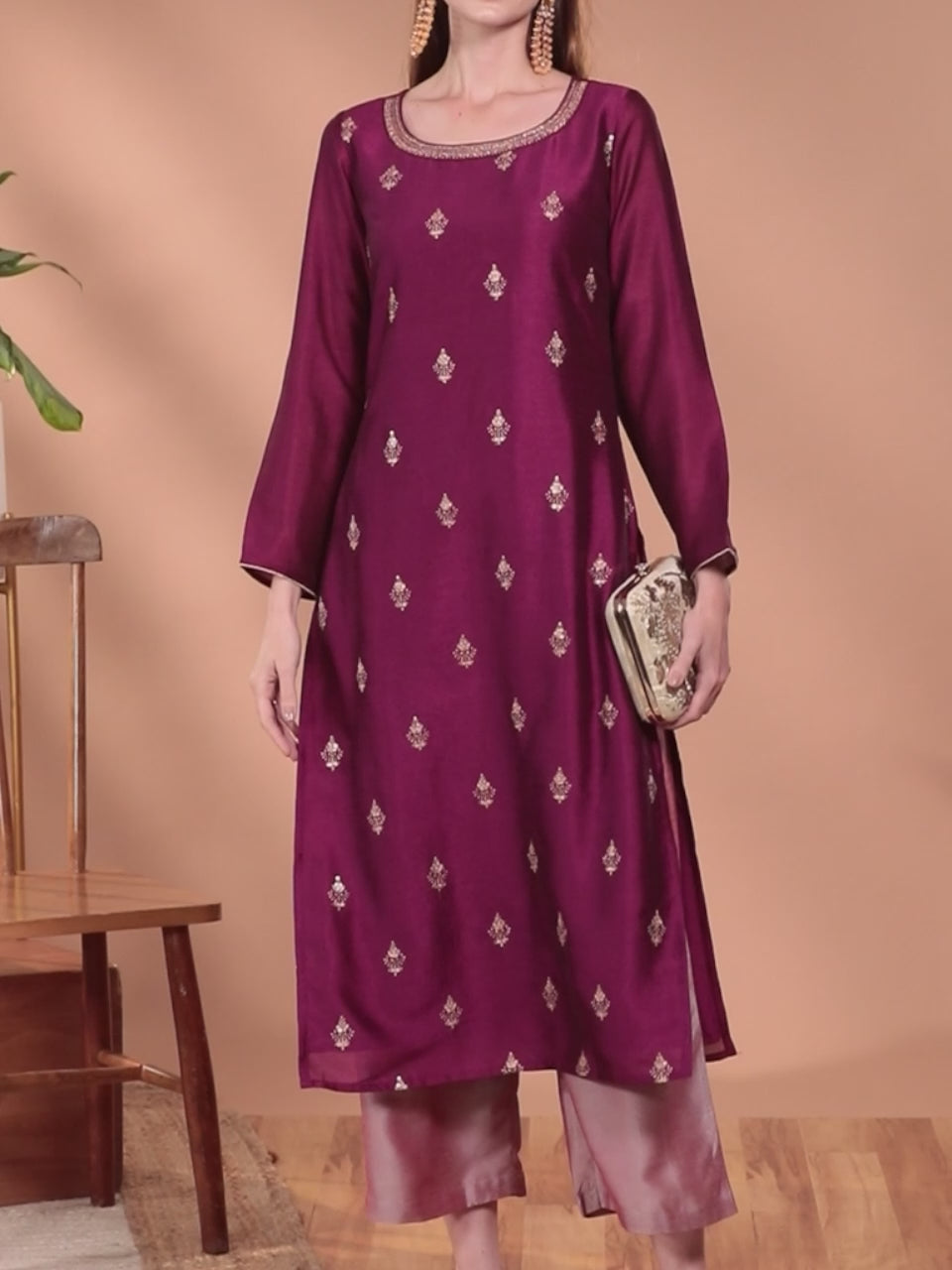  Purple Embroidered Silk Straight Kurta 