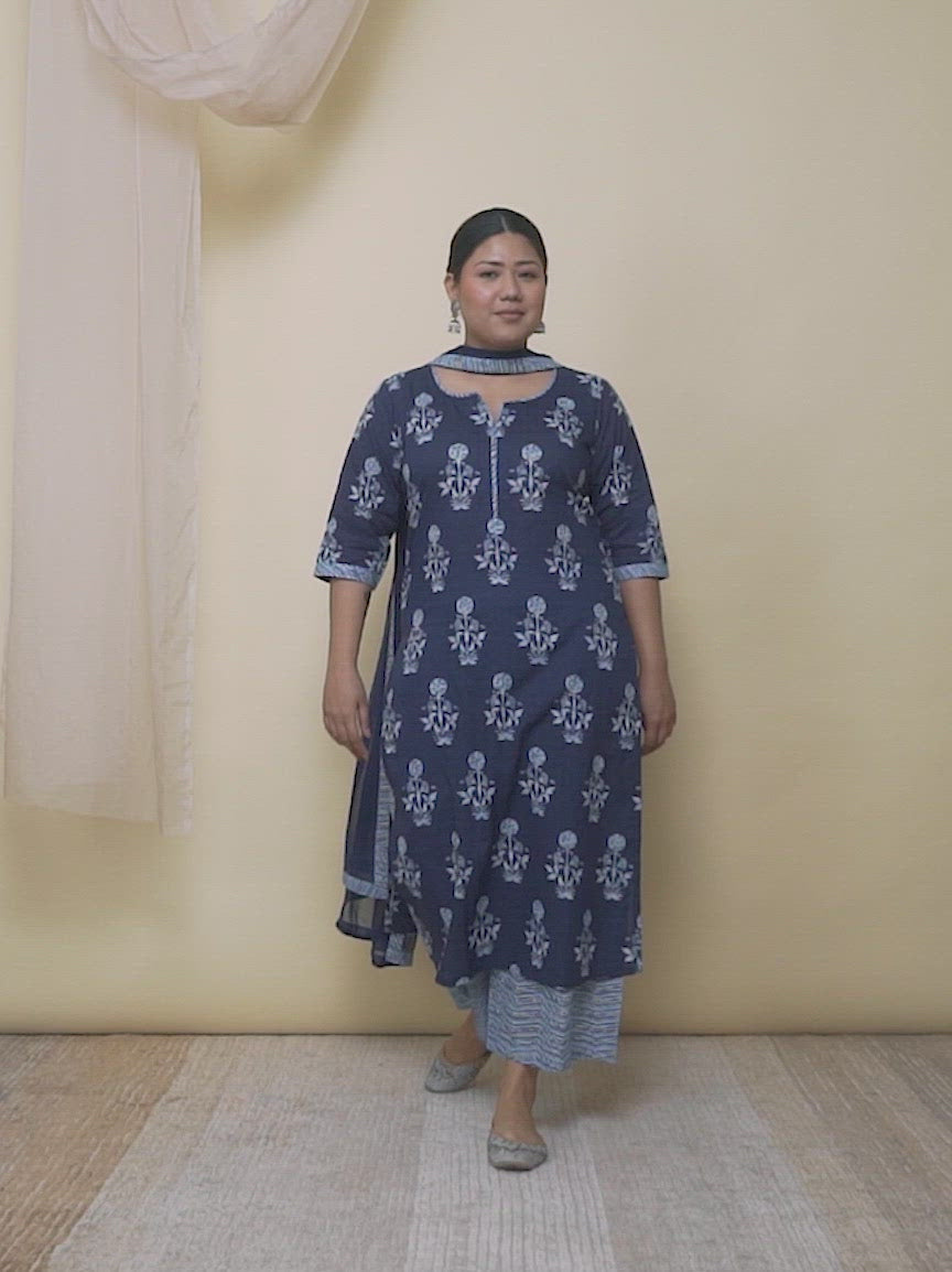 Plus Size Blue Printed Cotton Straight Kurta With Palazzos & Dupatta