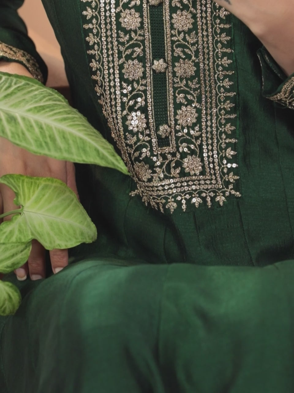 Green Yoke Design Silk Blend Anarkali Kurta With Churidar & Dupatta