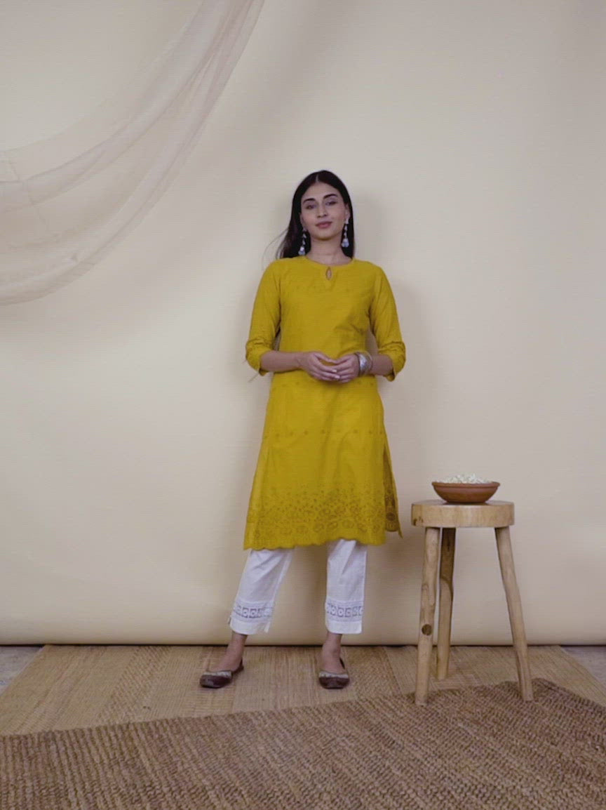  Yellow Embroidered Cotton Kurta 