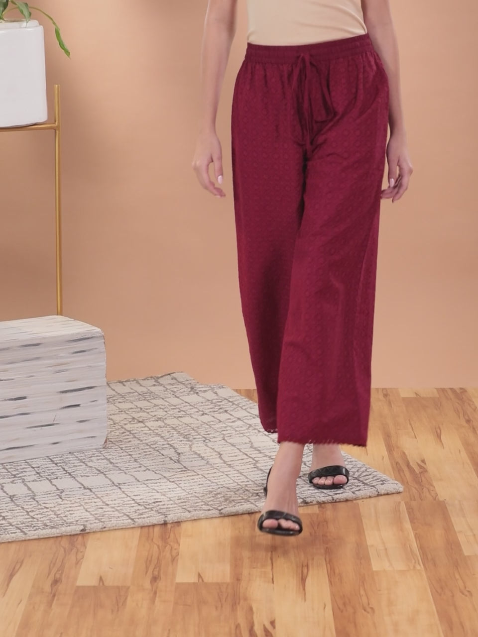  Maroon Embroidered Cotton Palazzos 