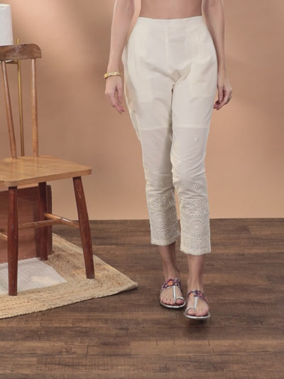 Cream Embroidered Cotton Trousers