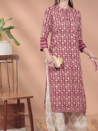 Maroon Printed Rayon Straight Kurta