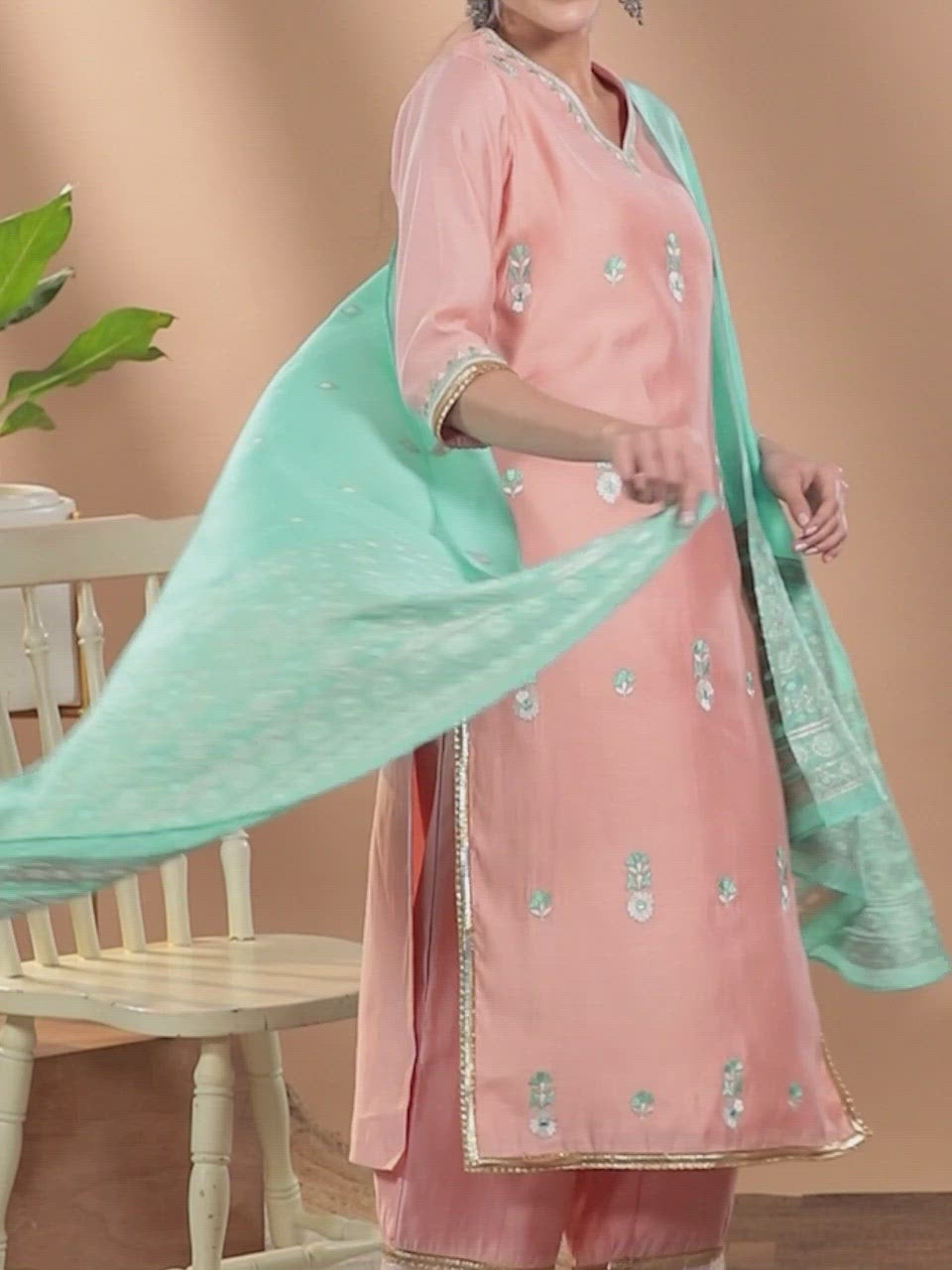  Pink Embroidered Chanderi Silk Straight Kurta With Palazzos & Dupatta 