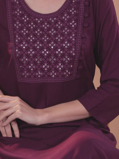 Purple Embroidered Rayon Straight Kurta