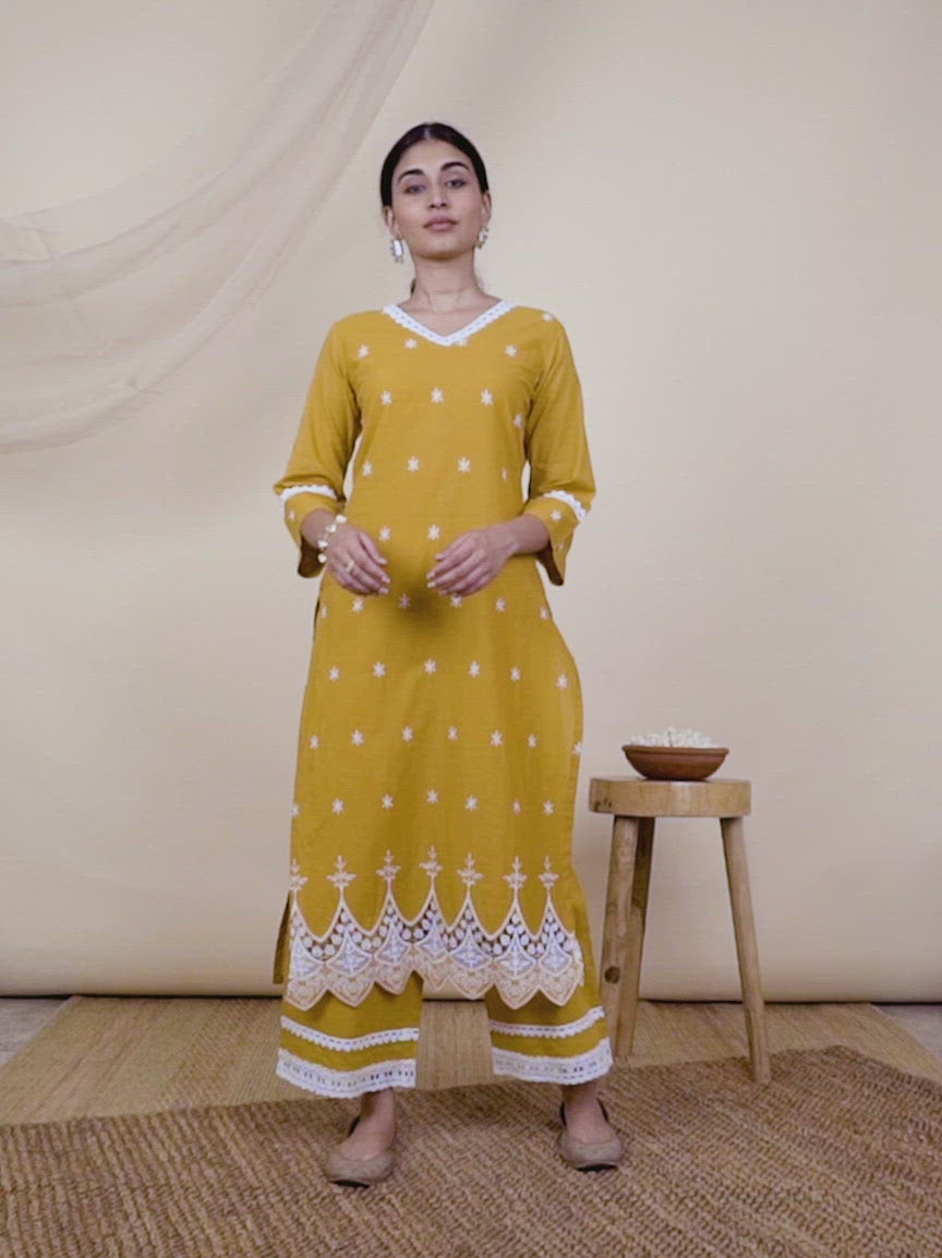 Yellow Embroidered Cotton Kurta